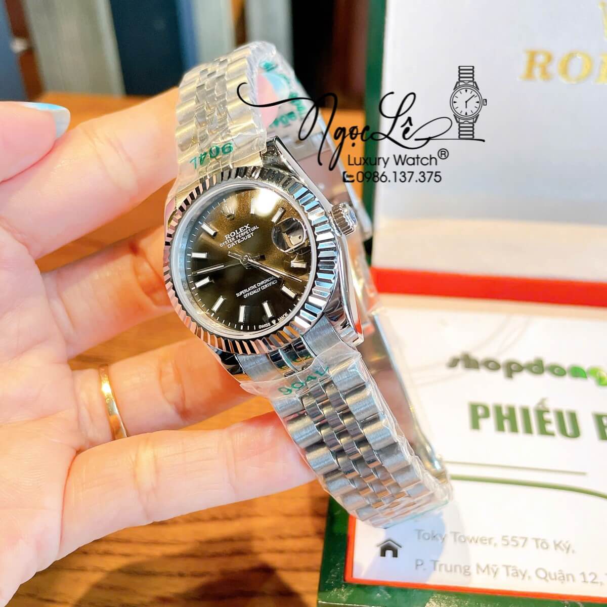 Đồng Hồ Nữ Rolex Datejust Máy Cơ Tự Động Dây Bạc Mặt Đen Xám Niềng Khía Size 31mm - Mặt Đính Vạch Phản Quang