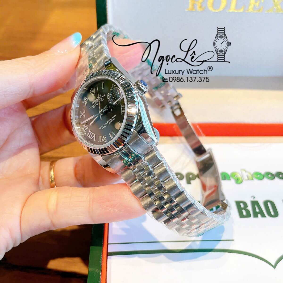 Đồng Hồ Nữ Rolex Datejust Máy Cơ Tự Động Dây Bạc Mặt Đen Xám Niềng Khía Size 31mm - Mặt Số La Mã