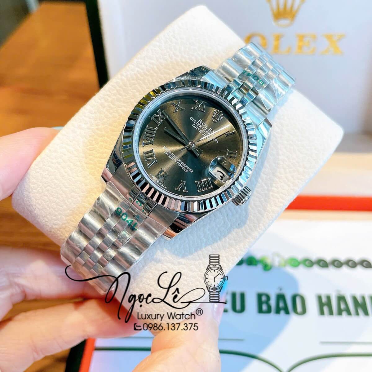 Đồng Hồ Nữ Rolex Datejust Máy Cơ Tự Động Dây Bạc Mặt Đen Xám Niềng Khía Size 31mm - Mặt Số La Mã