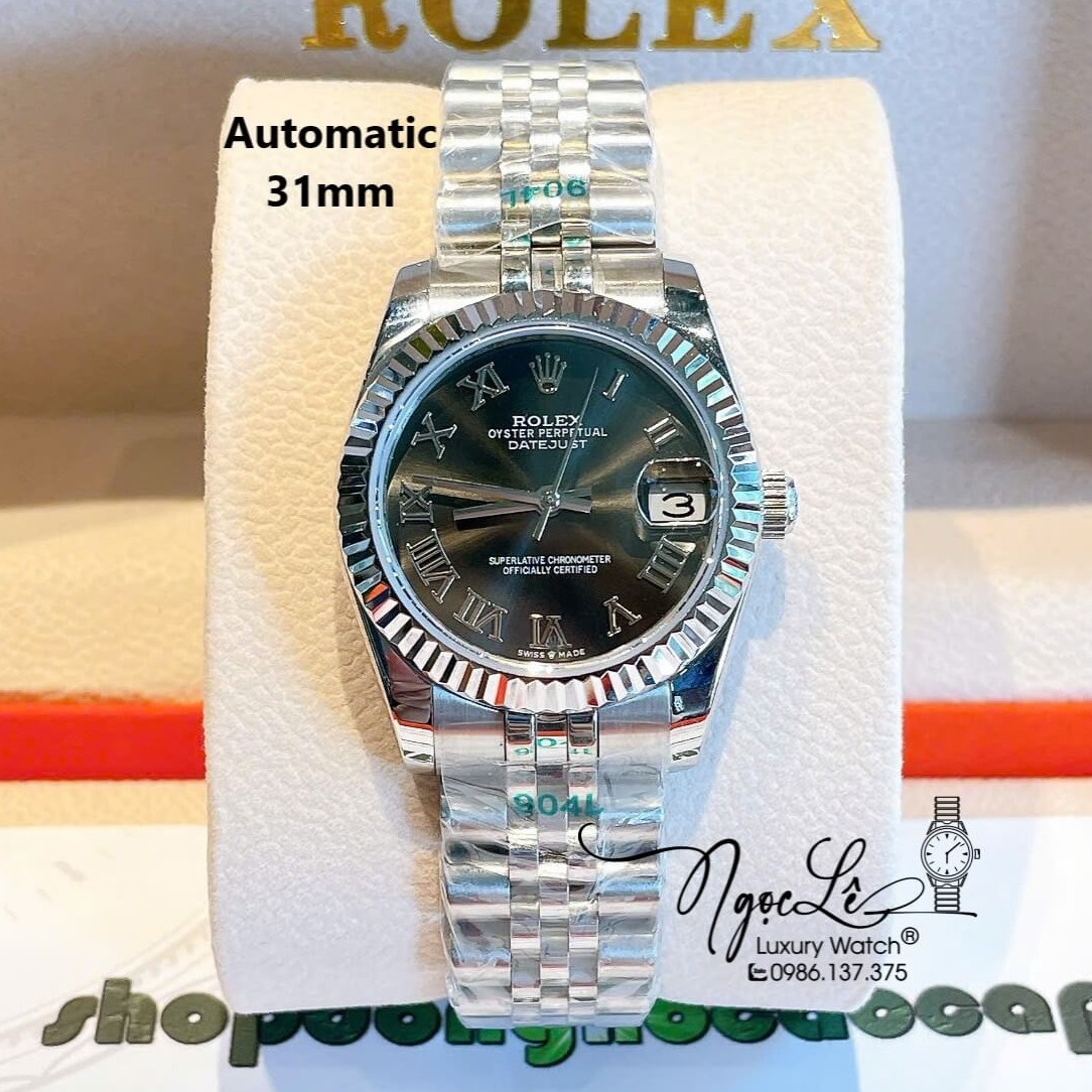 Đồng Hồ Nữ Rolex Datejust Máy Cơ Tự Động Dây Bạc Mặt Đen Xám Niềng Khía Size 31mm - Mặt Số La Mã