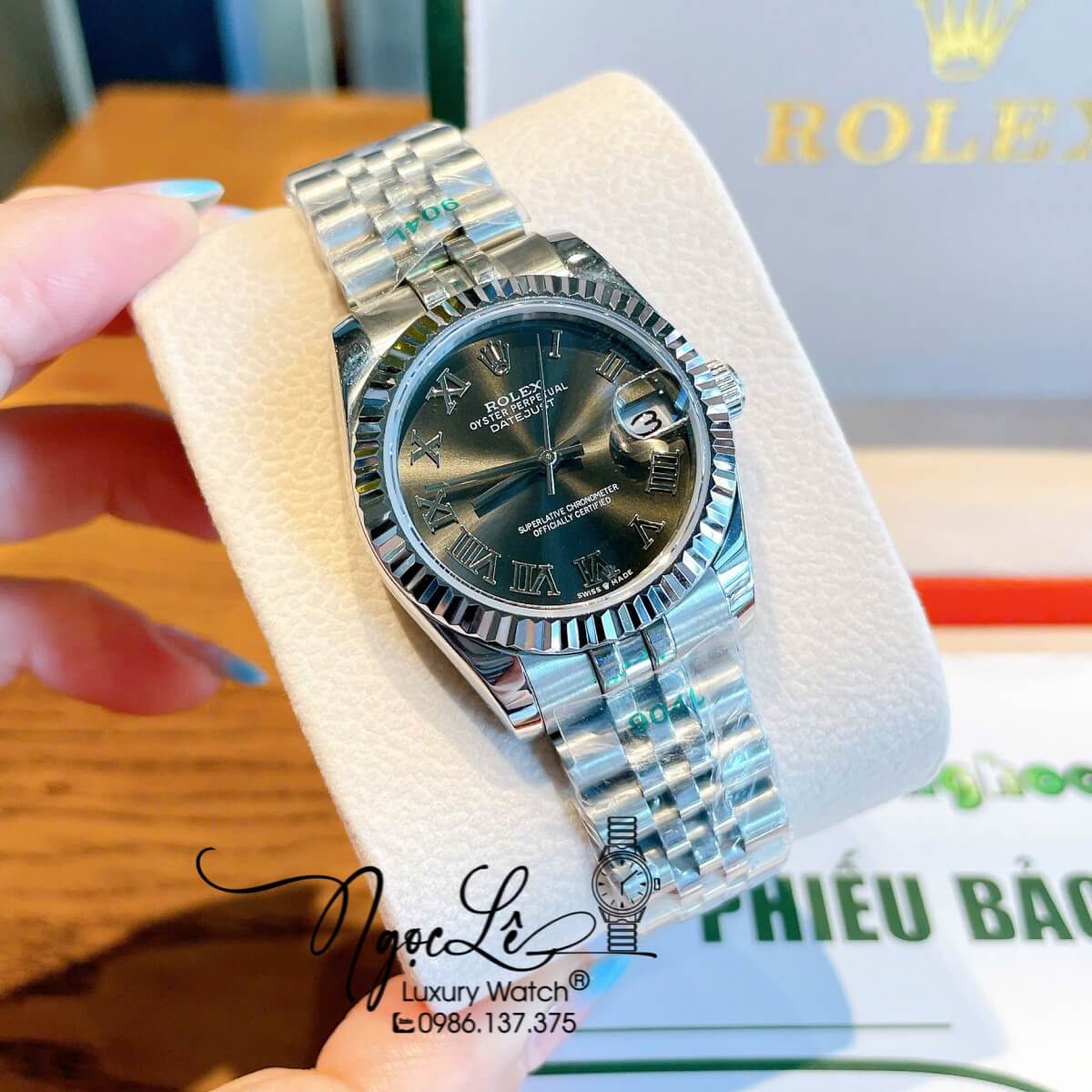 Đồng Hồ Nữ Rolex Datejust Máy Cơ Tự Động Dây Bạc Mặt Đen Xám Niềng Khía Size 31mm - Mặt Số La Mã