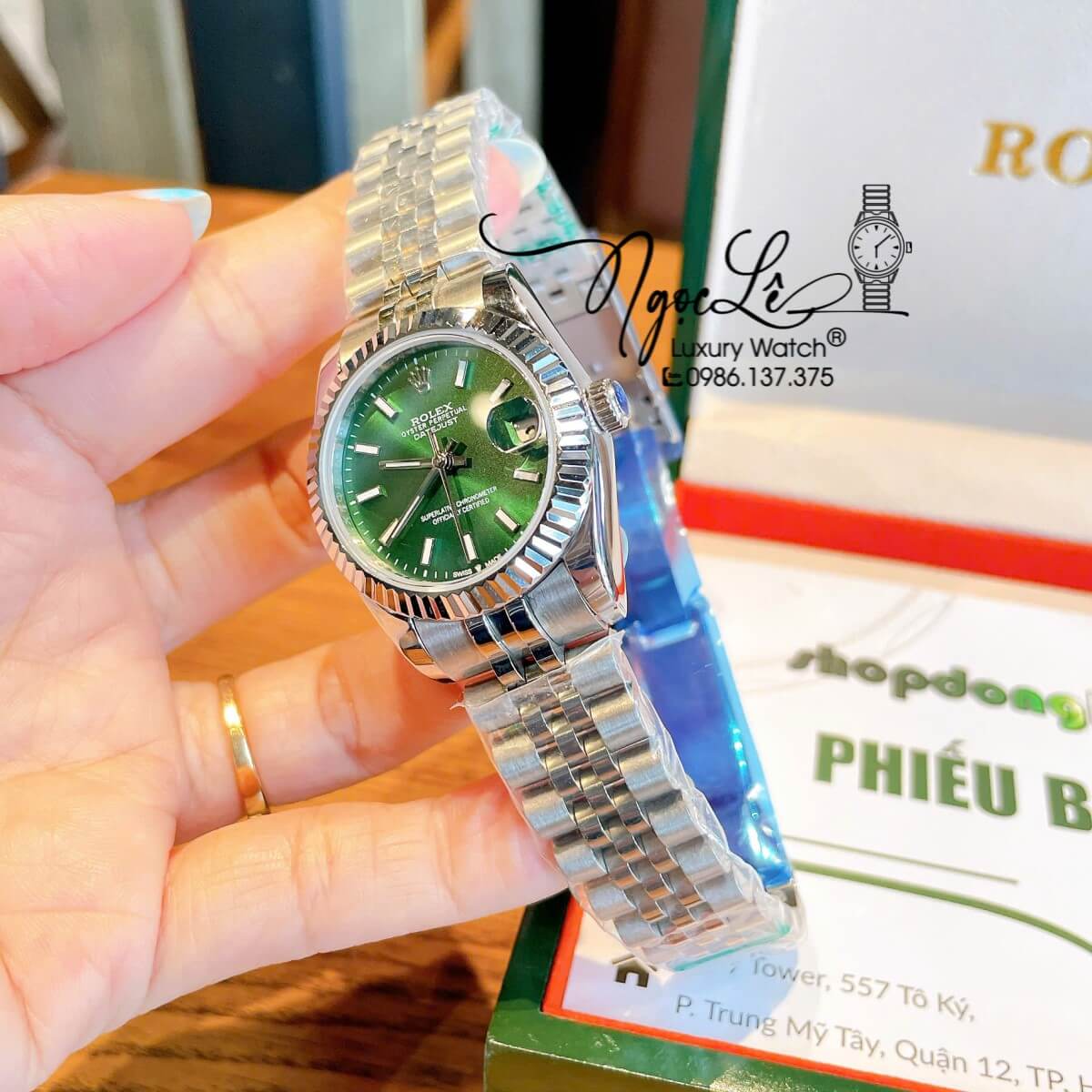Đồng Hồ Nữ Rolex Datejust Máy Cơ Tự Động Dây Bạc Mặt Đen Xanh Lá Niềng Khía Size 31mm - Mặt Đính Vạch Phản Quang