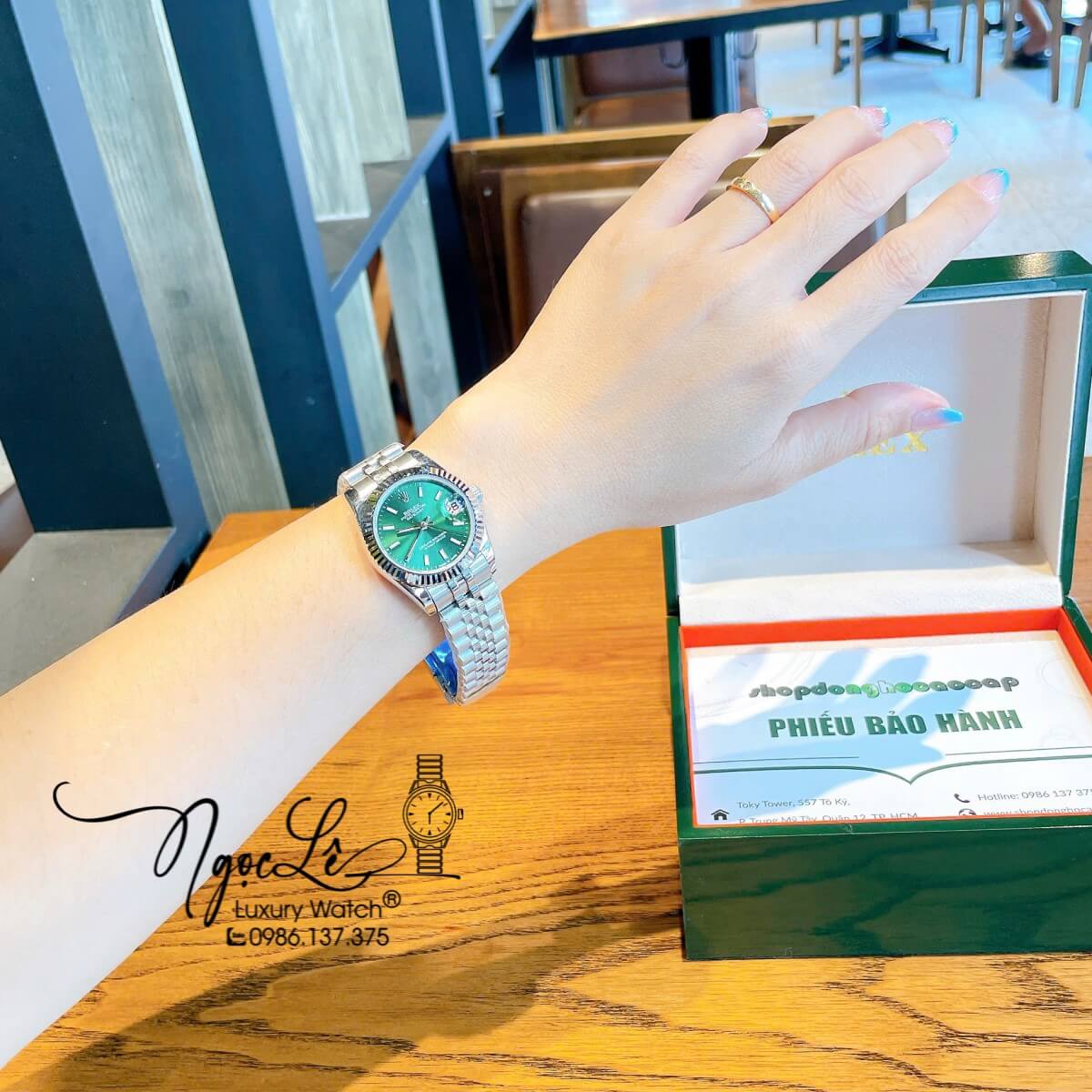 Đồng Hồ Nữ Rolex Datejust Máy Cơ Tự Động Dây Bạc Mặt Đen Xanh Lá Niềng Khía Size 31mm - Mặt Đính Vạch Phản Quang