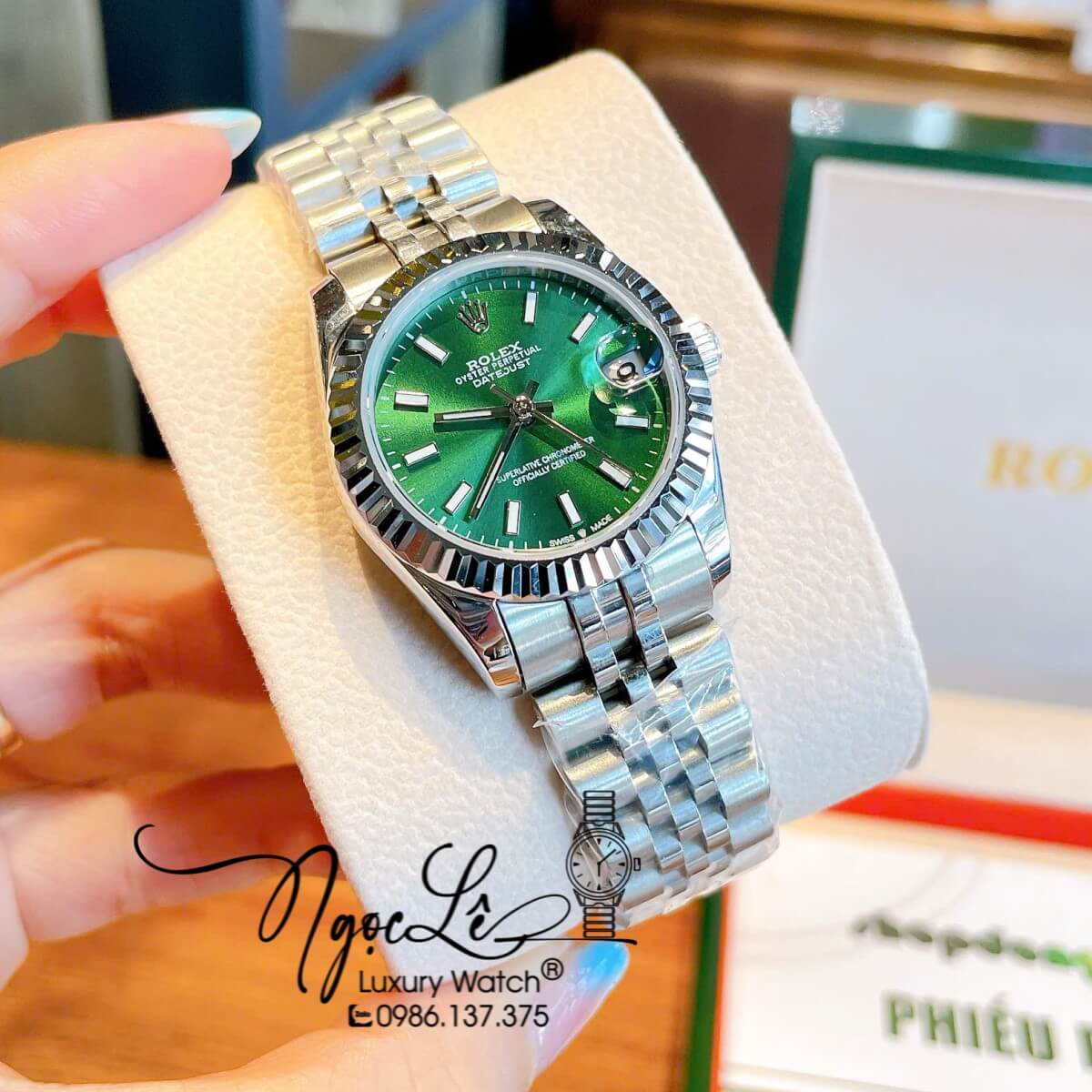 Đồng Hồ Nữ Rolex Datejust Máy Cơ Tự Động Dây Bạc Mặt Đen Xanh Lá Niềng Khía Size 31mm - Mặt Đính Vạch Phản Quang