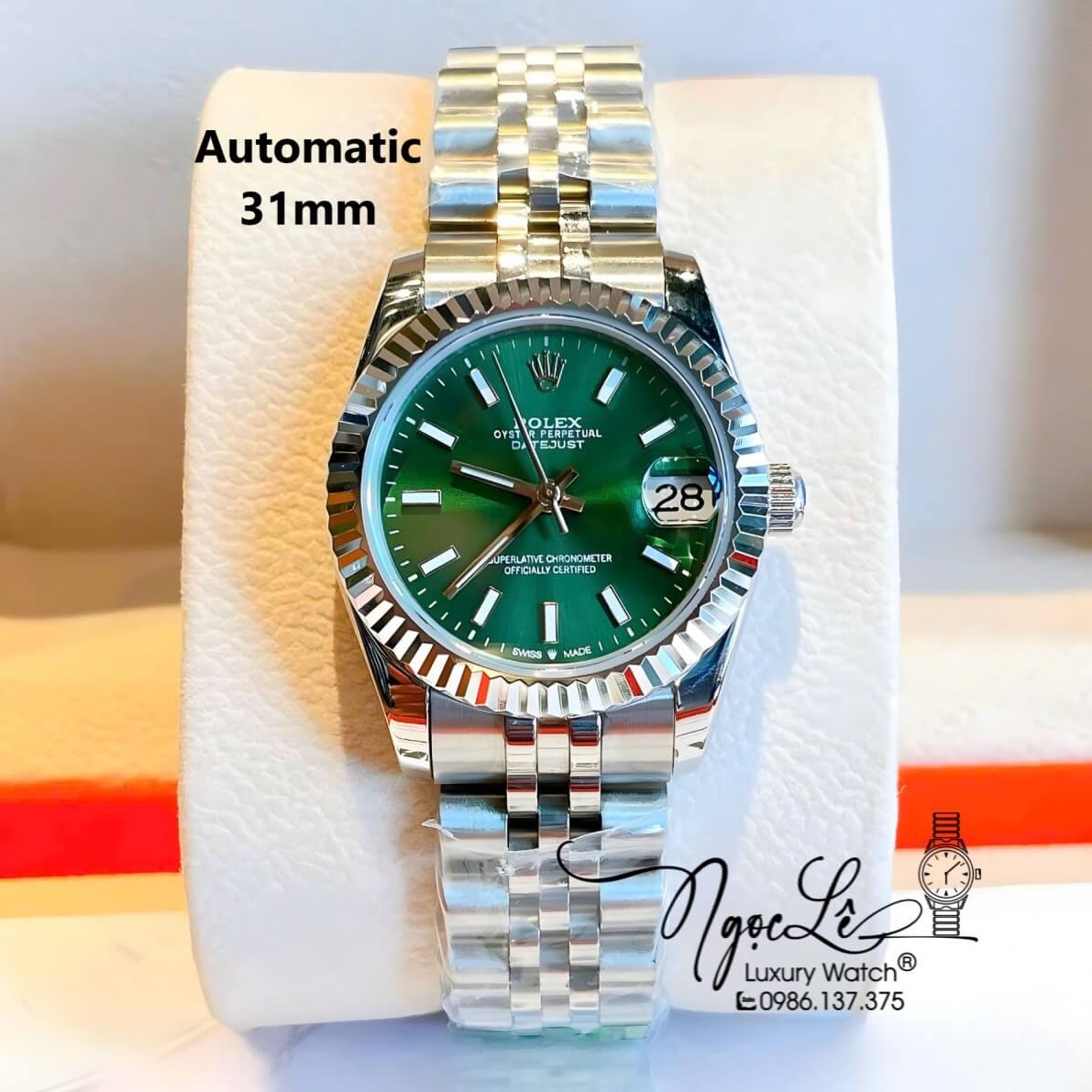 Đồng Hồ Nữ Rolex Datejust Máy Cơ Tự Động Dây Bạc Mặt Đen Xanh Lá Niềng Khía Size 31mm - Mặt Đính Vạch Phản Quang