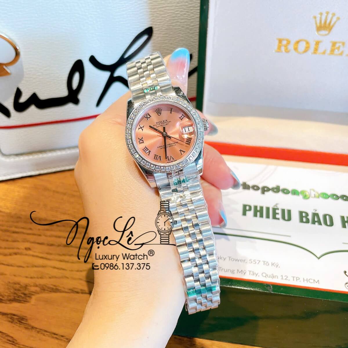 Đồng Hồ Nữ Rolex Datejust Máy Cơ Tự Động Dây Bạc Mặt Hồng Đính Đá Size 31mm - Mặt Số La Mã