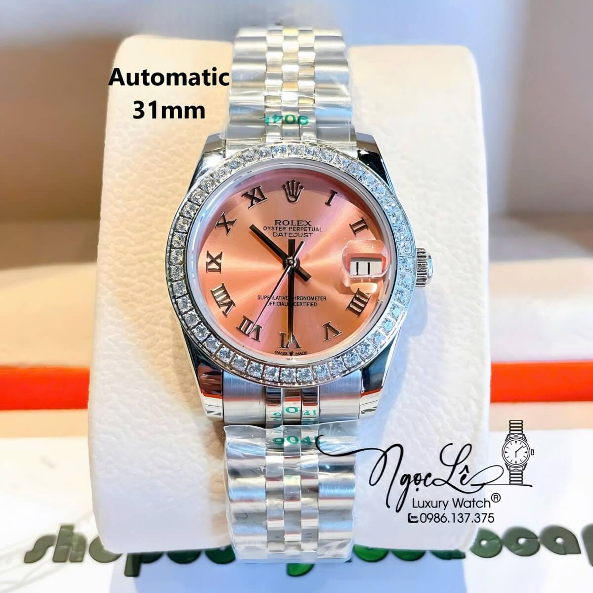 Đồng Hồ Nữ Rolex Datejust Máy Cơ Tự Động Dây Bạc Mặt Hồng Đính Đá Size 31mm - Mặt Số La Mã