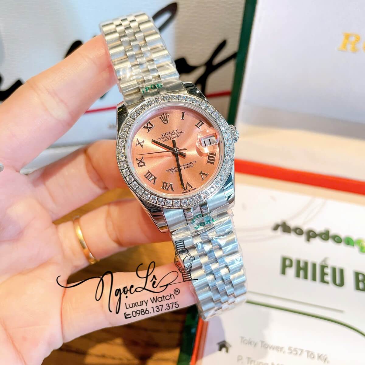 Đồng Hồ Nữ Rolex Datejust Máy Cơ Tự Động Dây Bạc Mặt Hồng Đính Đá Size 31mm - Mặt Số La Mã