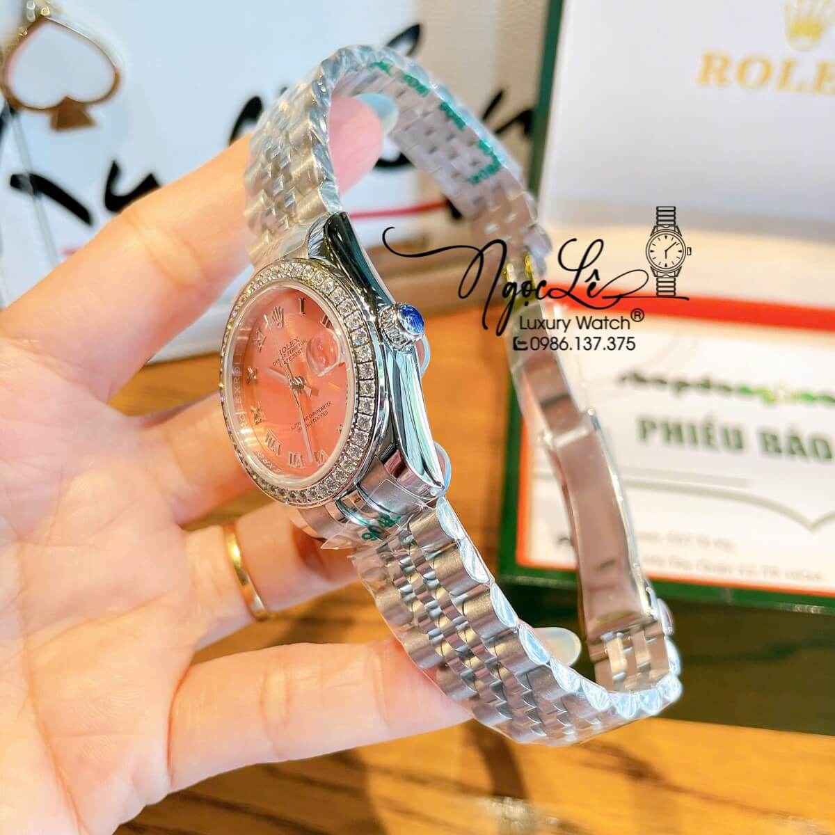 Đồng Hồ Nữ Rolex Datejust Máy Cơ Tự Động Dây Bạc Mặt Hồng Đính Đá Size 31mm - Mặt Số La Mã