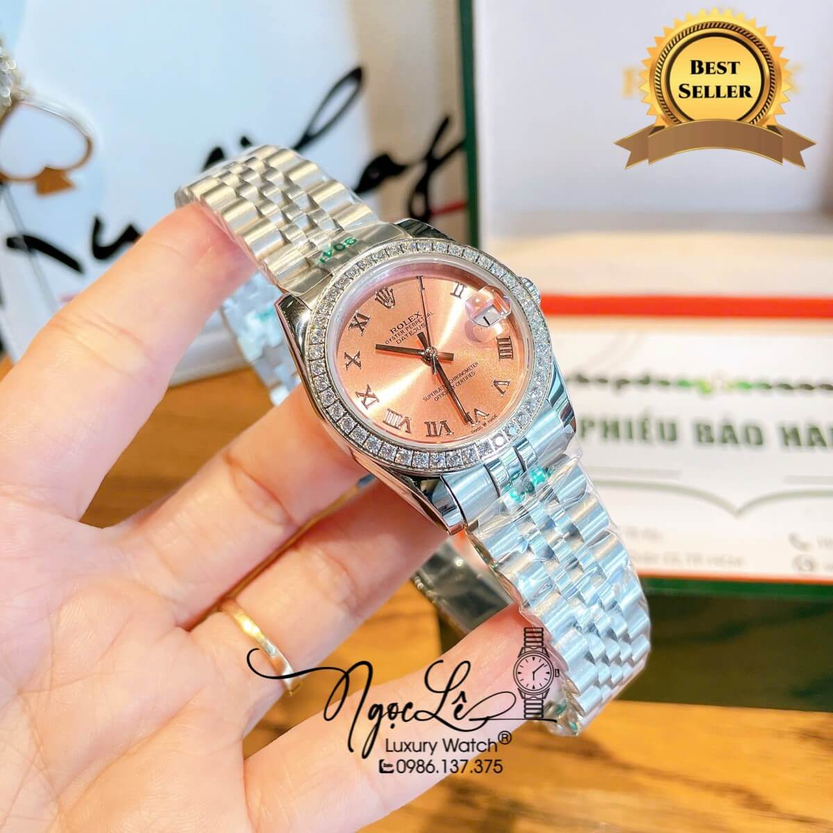 Đồng Hồ Nữ Rolex Datejust Máy Cơ Tự Động Dây Bạc Mặt Hồng Đính Đá Size 31mm - Mặt Số La Mã
