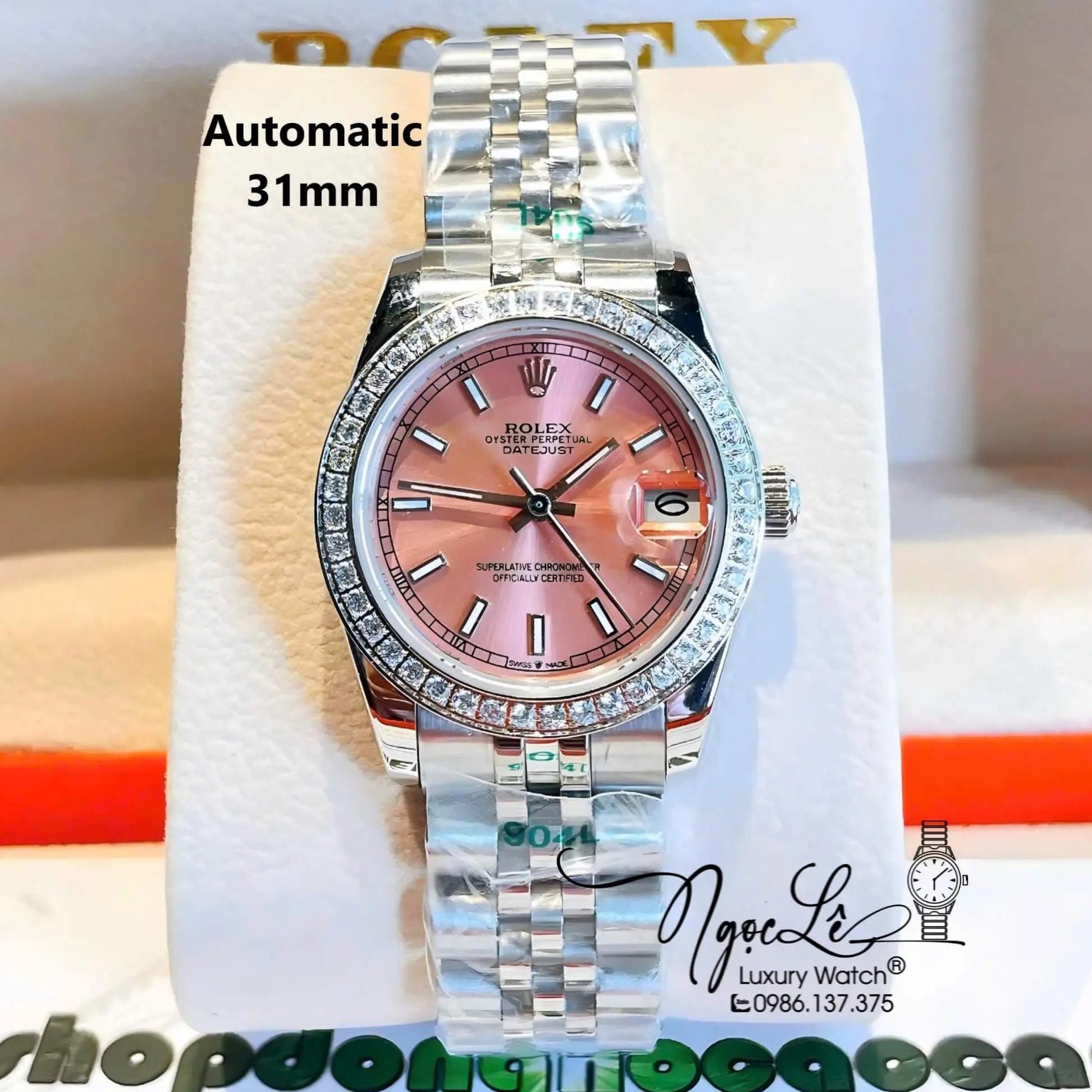 Đồng Hồ Nữ Rolex Datejust Máy Cơ Tự Động Dây Bạc Mặt Hồng Đính Đá Size 31mm Phản Quang