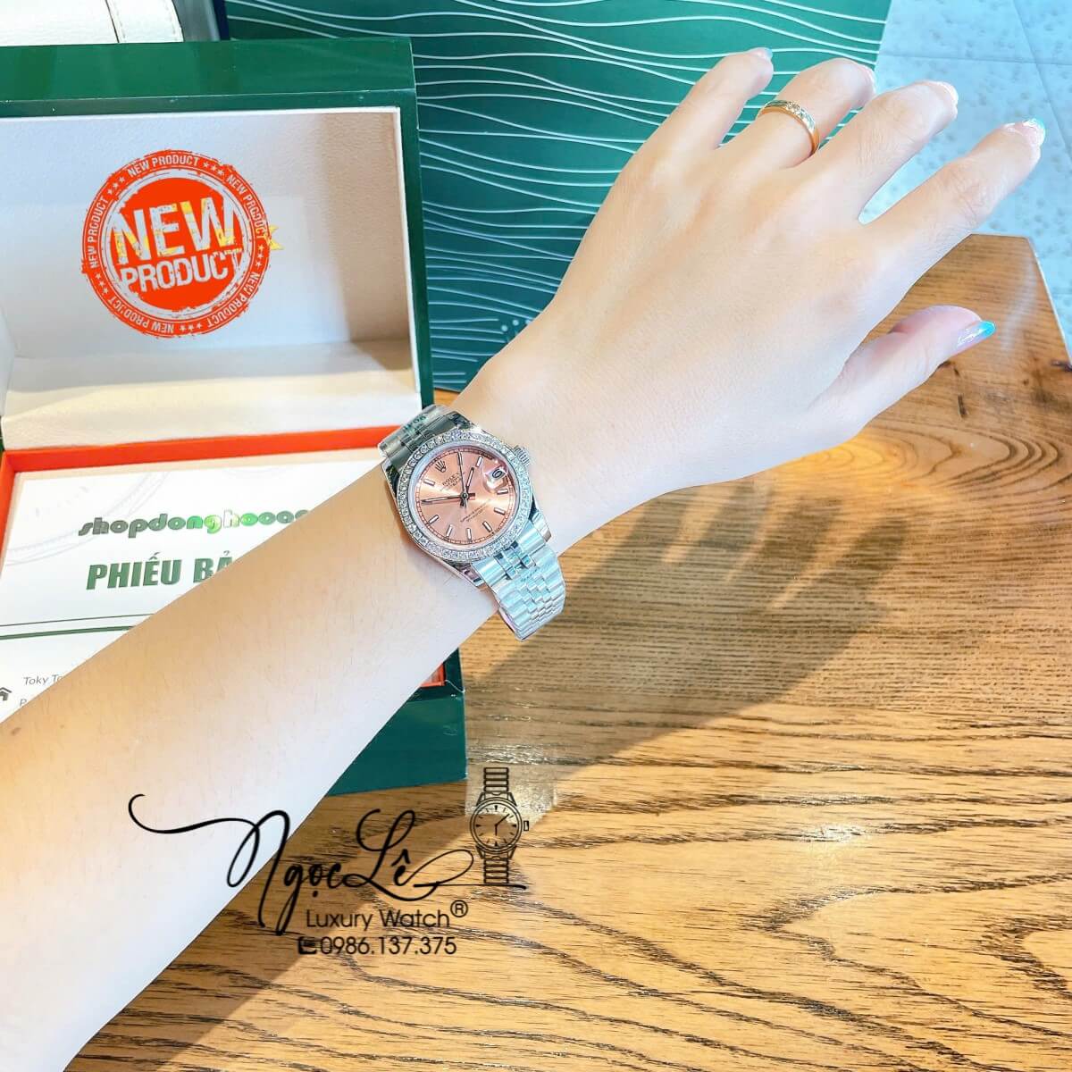 Đồng Hồ Nữ Rolex Datejust Máy Cơ Tự Động Dây Bạc Mặt Hồng Đính Đá Size 31mm Phản Quang