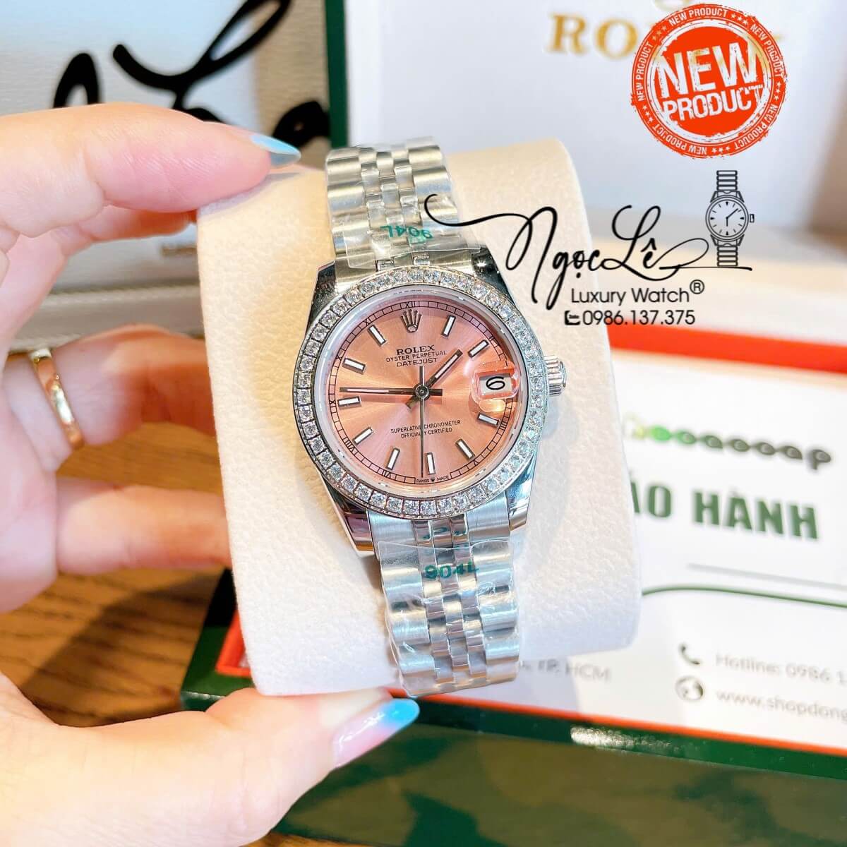 Đồng Hồ Nữ Rolex Datejust Máy Cơ Tự Động Dây Bạc Mặt Hồng Đính Đá Size 31mm Phản Quang