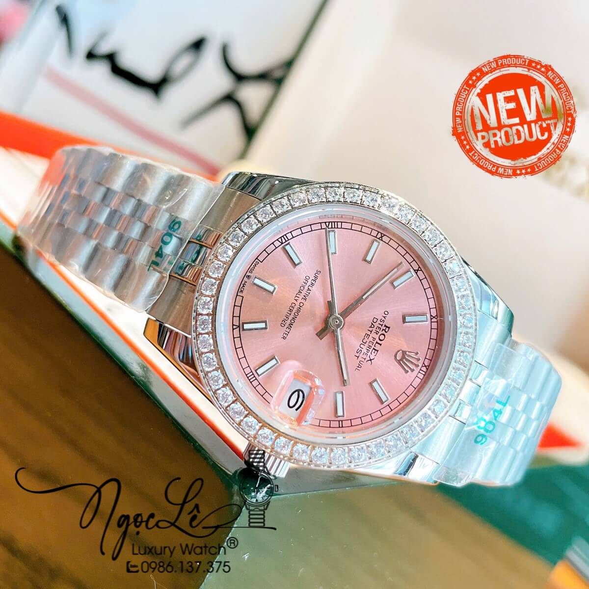 Đồng Hồ Nữ Rolex Datejust Máy Cơ Tự Động Dây Bạc Mặt Hồng Đính Đá Size 31mm Phản Quang