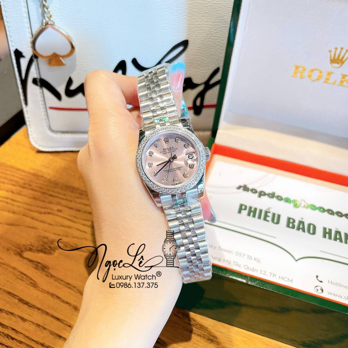 Đồng Hồ Nữ Rolex Datejust Máy Cơ Tự Động Dây Bạc Mặt Hồng Nhạt Đính Đá Size 31mm