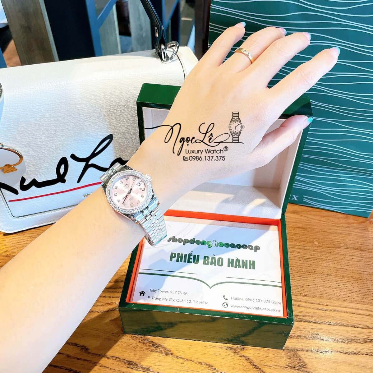 Đồng Hồ Nữ Rolex Datejust Máy Cơ Tự Động Dây Bạc Mặt Hồng Nhạt Đính Đá Size 31mm