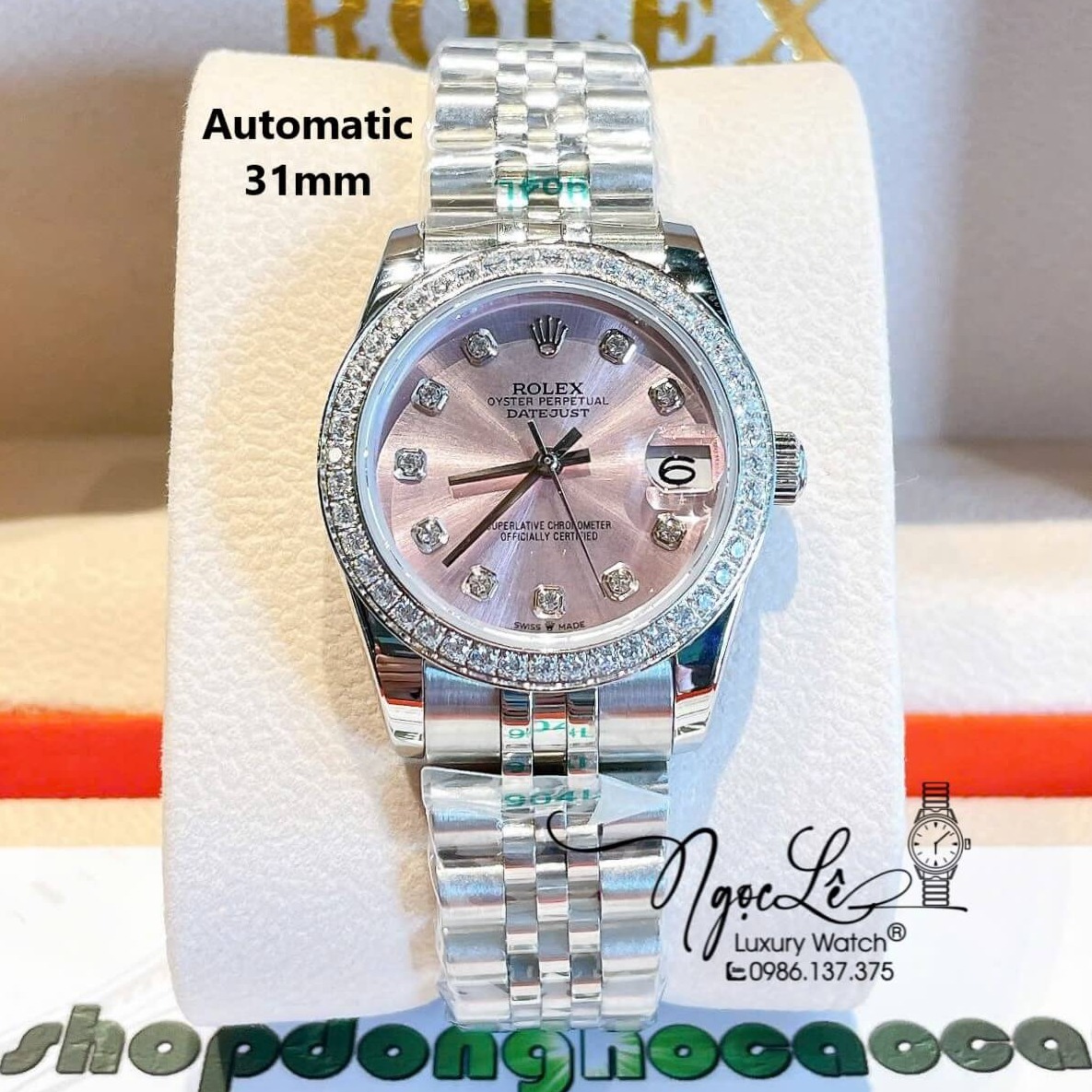 Đồng Hồ Nữ Rolex Datejust Máy Cơ Tự Động Dây Bạc Mặt Hồng Nhạt Đính Đá Size 31mm