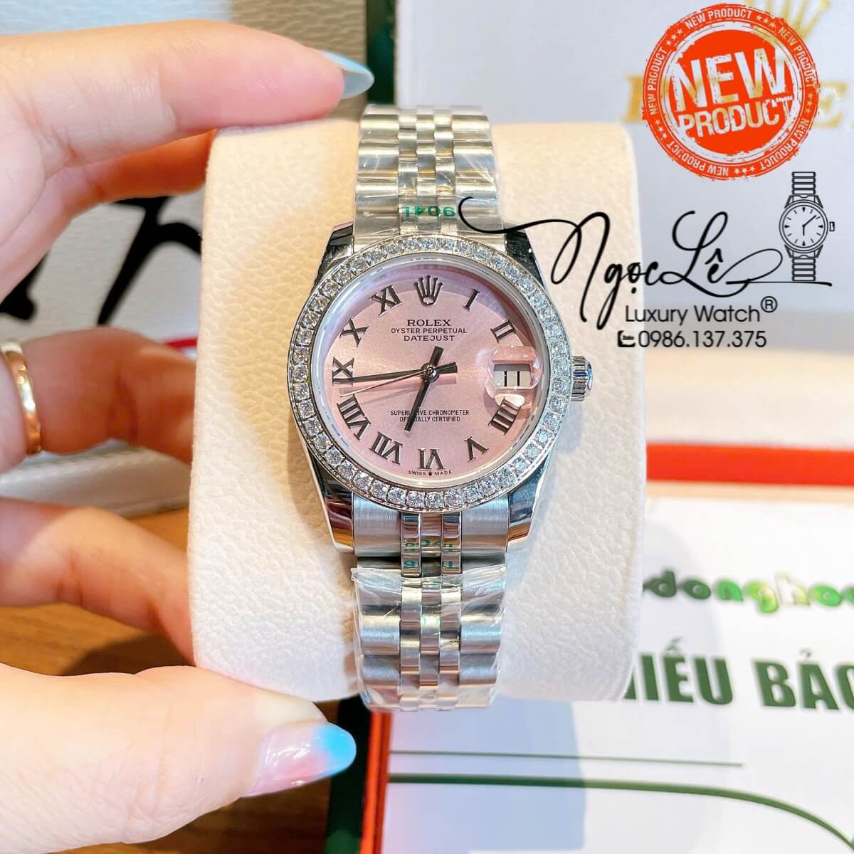 Đồng Hồ Nữ Rolex Datejust Máy Cơ Tự Động Dây Bạc Mặt Hồng Nhạt Đính Đá Size 31mm - Mặt Số La Mã