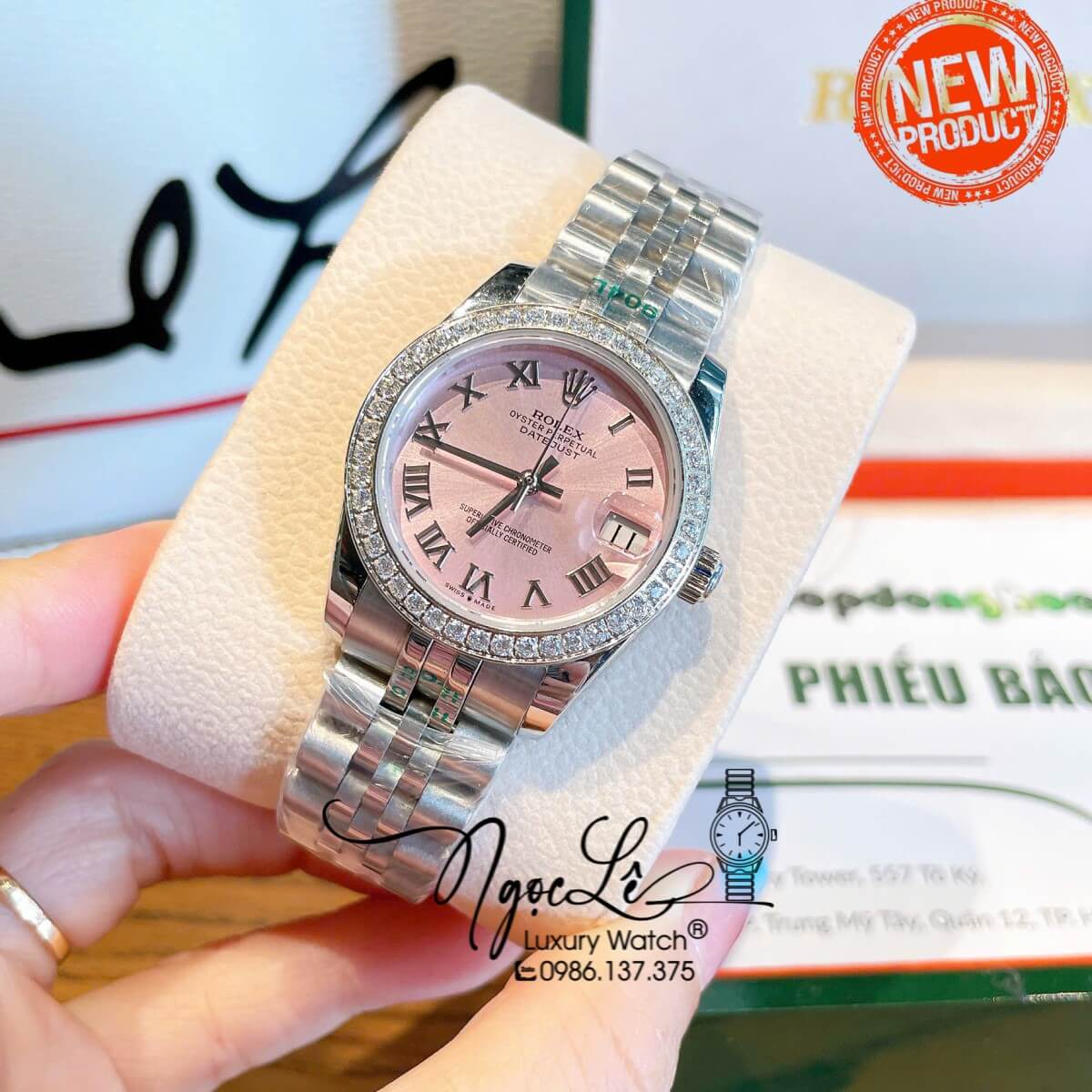 Đồng Hồ Nữ Rolex Datejust Máy Cơ Tự Động Dây Bạc Mặt Hồng Nhạt Đính Đá Size 31mm - Mặt Số La Mã
