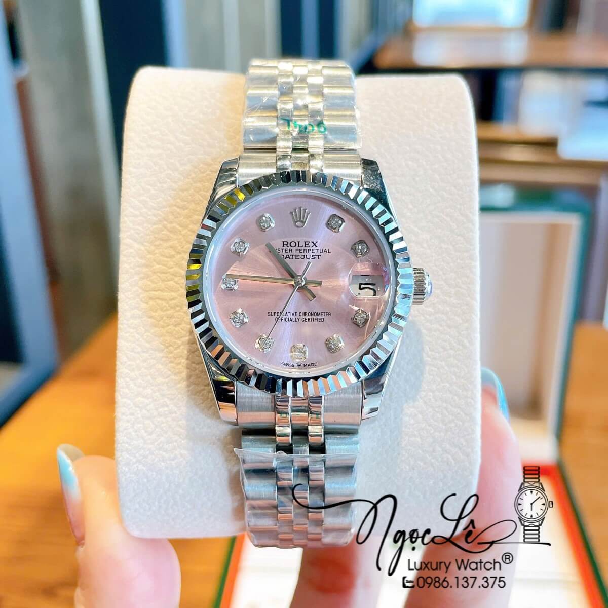 Đồng Hồ Nữ Rolex Datejust Máy Cơ Tự Động Dây Bạc Mặt Hồng Niềng Khía Size 31mm