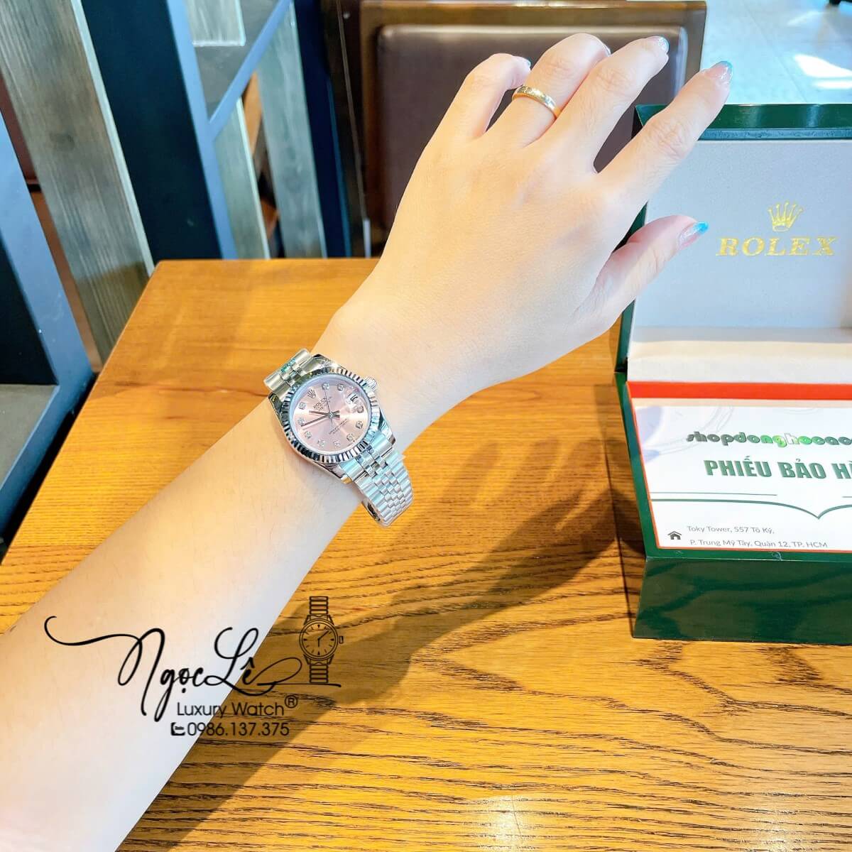 Đồng Hồ Nữ Rolex Datejust Máy Cơ Tự Động Dây Bạc Mặt Hồng Niềng Khía Size 31mm