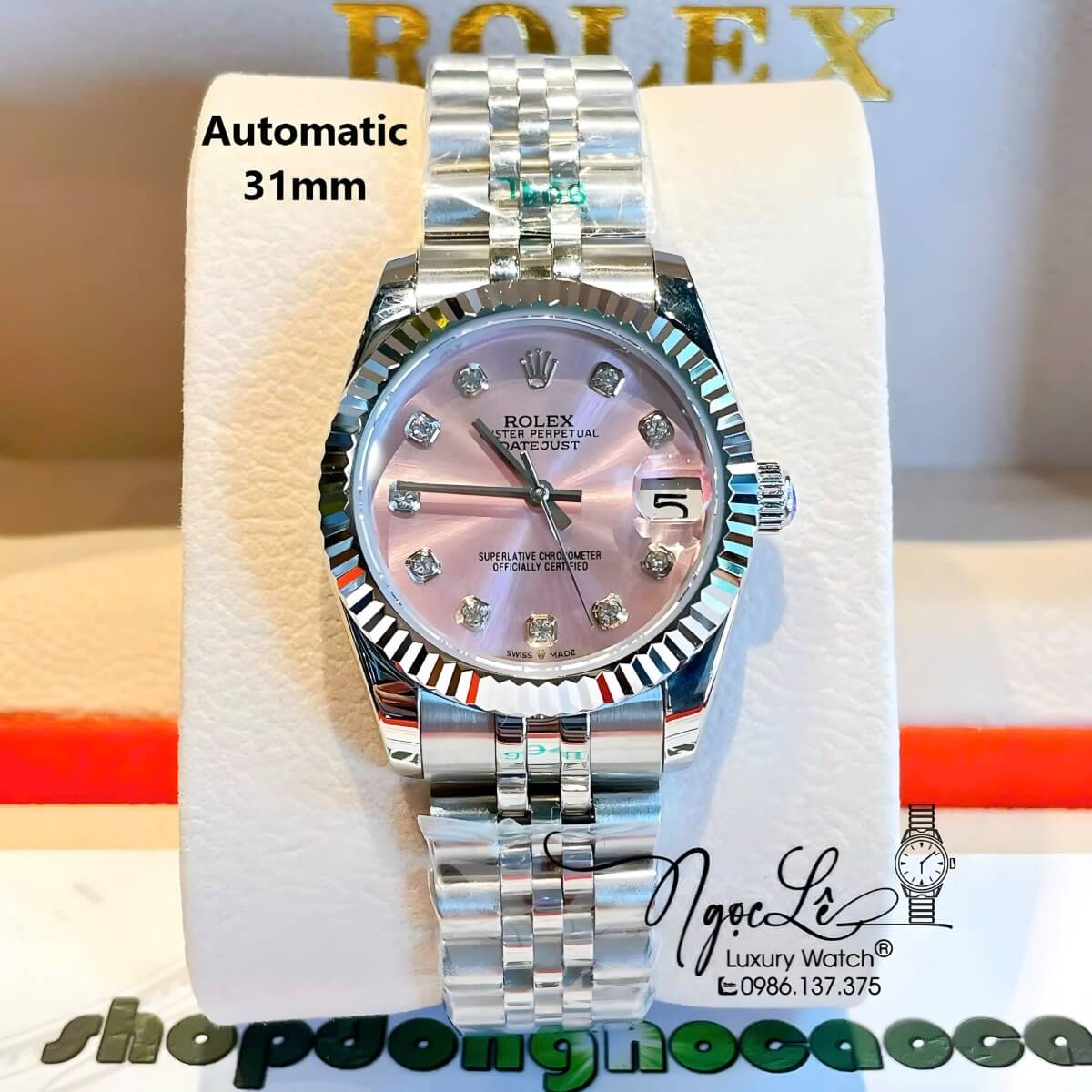 Đồng Hồ Nữ Rolex Datejust Máy Cơ Tự Động Dây Bạc Mặt Hồng Niềng Khía Size 31mm