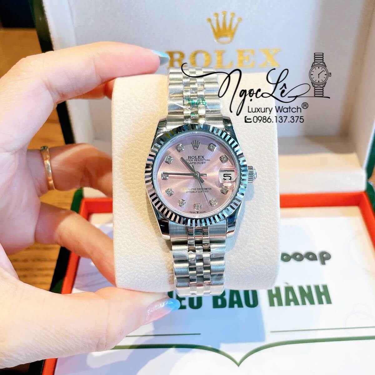 Đồng Hồ Nữ Rolex Datejust Máy Cơ Tự Động Dây Bạc Mặt Hồng Niềng Khía Size 31mm