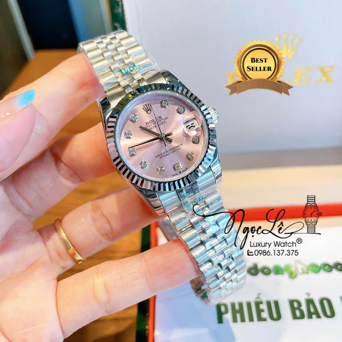 Đồng Hồ Nữ Rolex Datejust Máy Cơ Tự Động Dây Bạc Mặt Hồng Niềng Khía Size 31mm