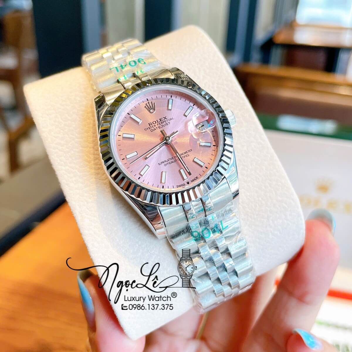 Đồng Hồ Nữ Rolex Datejust Máy Cơ Tự Động Dây Bạc Mặt Hồng Niềng Khía Size 31mm - Mặt Đính Vạch Phản Quang