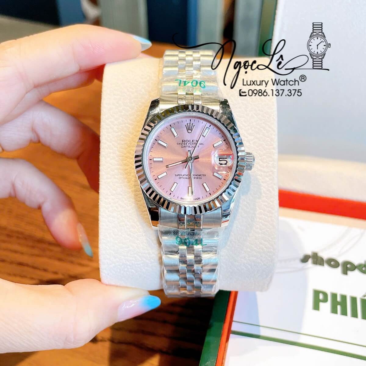 Đồng Hồ Nữ Rolex Datejust Máy Cơ Tự Động Dây Bạc Mặt Hồng Niềng Khía Size 31mm - Mặt Đính Vạch Phản Quang