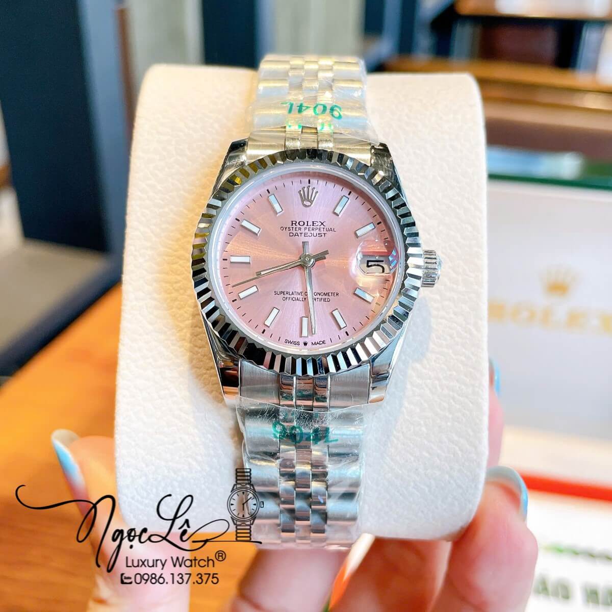 Đồng Hồ Nữ Rolex Datejust Máy Cơ Tự Động Dây Bạc Mặt Hồng Niềng Khía Size 31mm - Mặt Đính Vạch Phản Quang