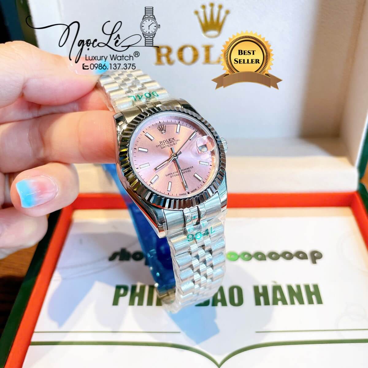 Đồng Hồ Nữ Rolex Datejust Máy Cơ Tự Động Dây Bạc Mặt Hồng Niềng Khía Size 31mm - Mặt Đính Vạch Phản Quang