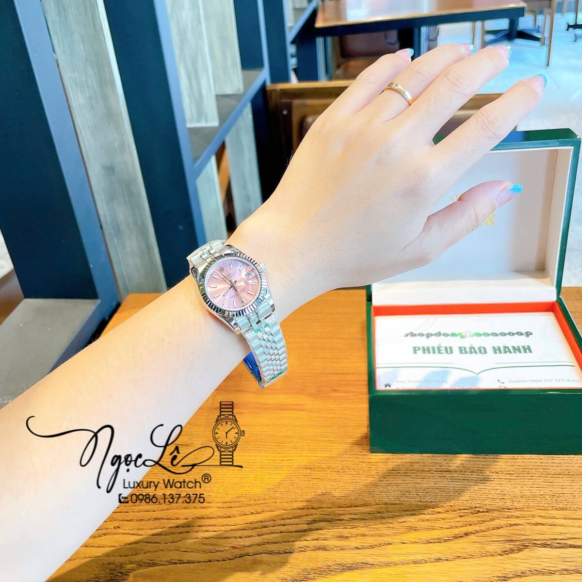 Đồng Hồ Nữ Rolex Datejust Máy Cơ Tự Động Dây Bạc Mặt Hồng Niềng Khía Size 31mm - Mặt Đính Vạch Phản Quang
