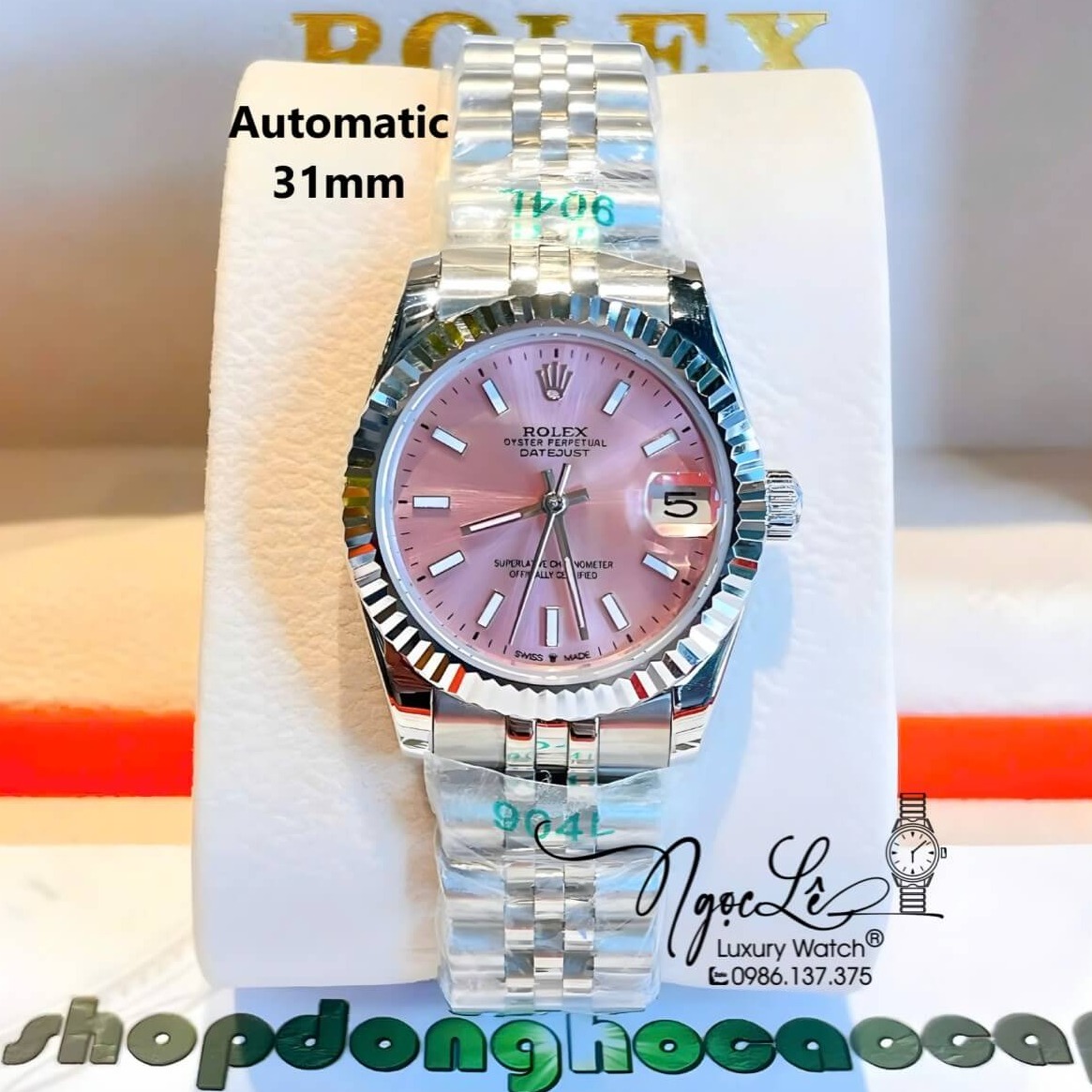Đồng Hồ Nữ Rolex Datejust Máy Cơ Tự Động Dây Bạc Mặt Hồng Niềng Khía Size 31mm - Mặt Đính Vạch Phản Quang
