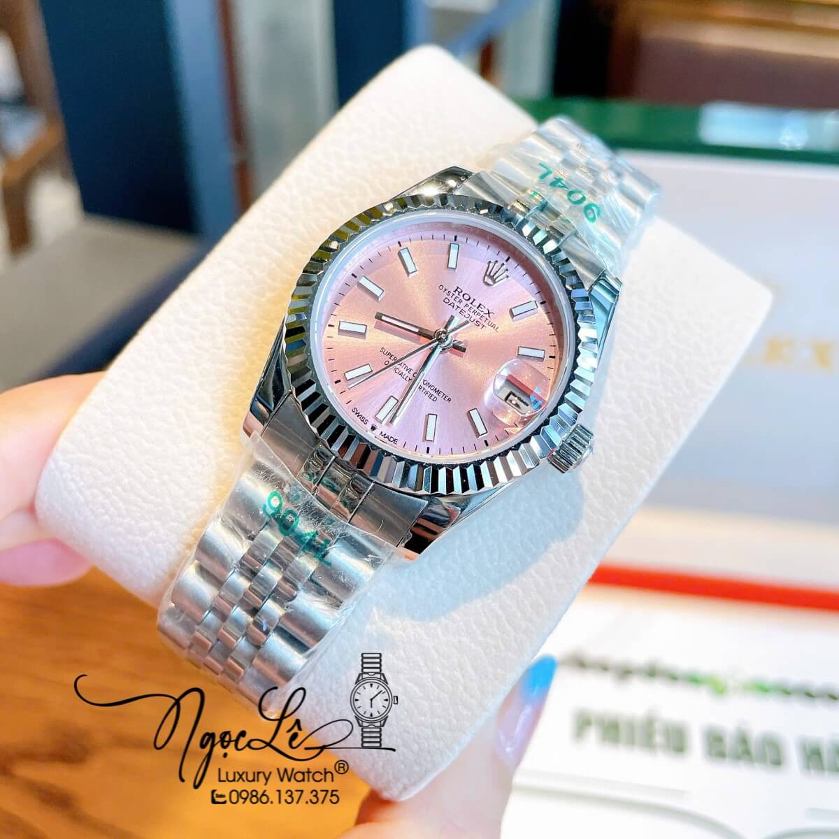 Đồng Hồ Nữ Rolex Datejust Máy Cơ Tự Động Dây Bạc Mặt Hồng Niềng Khía Size 31mm - Mặt Đính Vạch Phản Quang