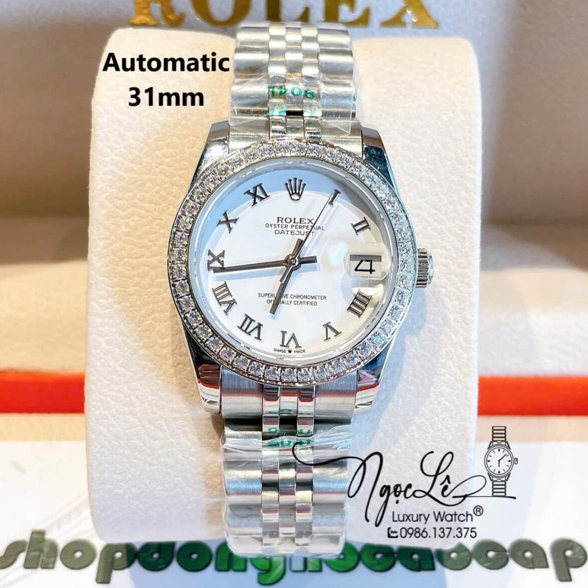 Đồng Hồ Nữ Rolex Datejust Máy Cơ Tự Động Dây Bạc Mặt Trắng Đính Đá Size 31mm - Mặt Số La Mã