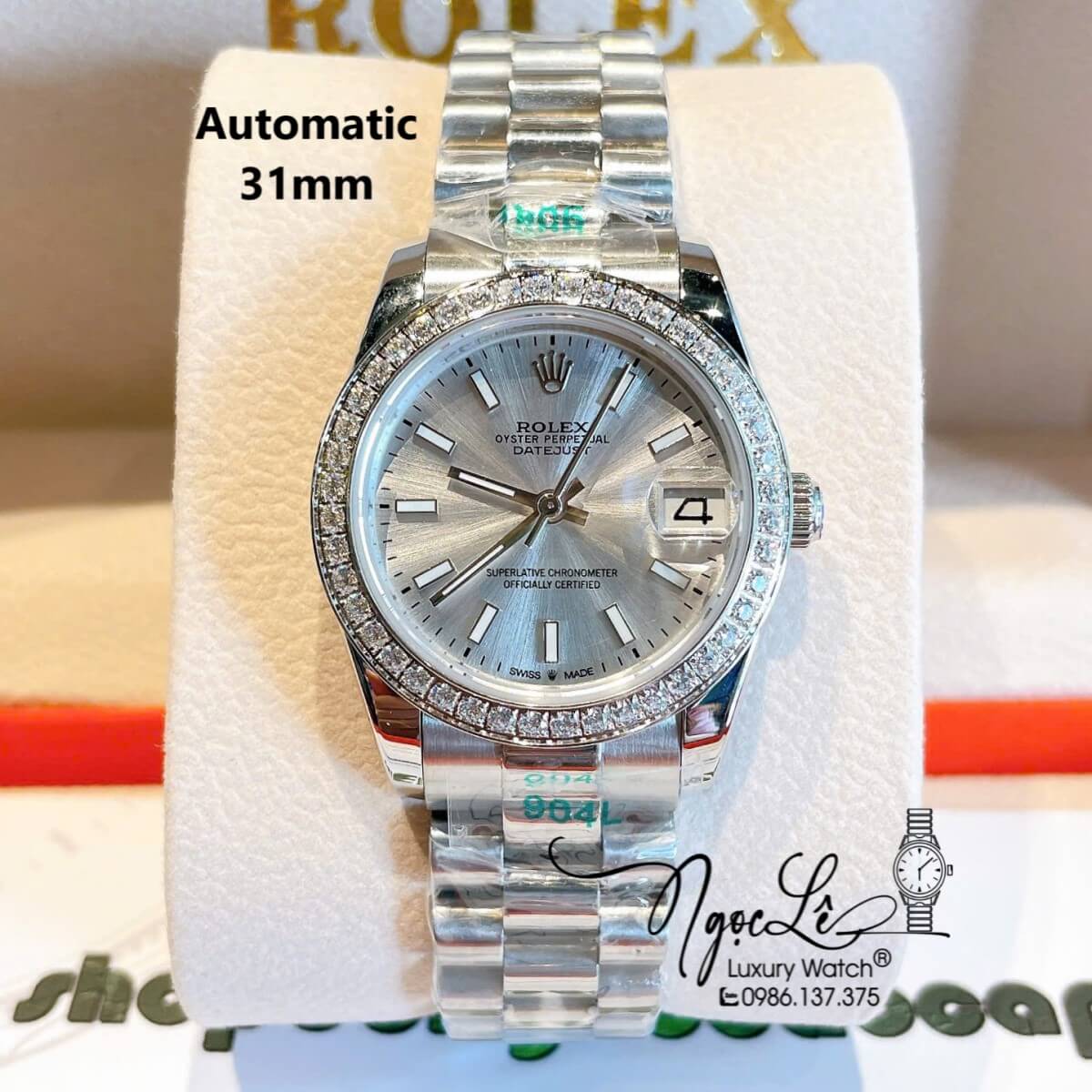 Đồng Hồ Nữ Rolex Datejust Máy Cơ Tự Động Dây Bạc Mặt Trắng Đính Đá Size 31mm Phản Quang
