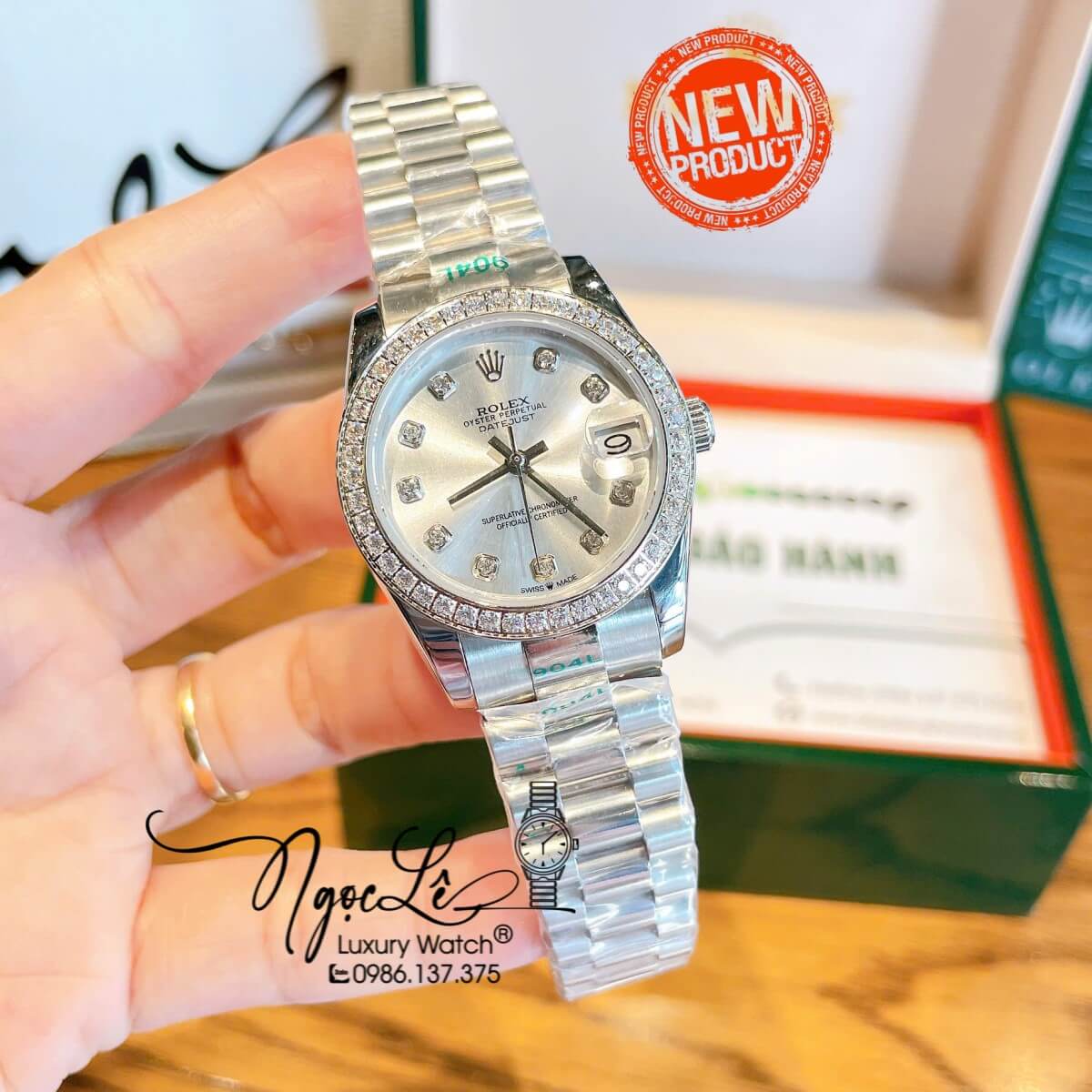 Đồng Hồ Nữ Rolex Datejust Máy Cơ Tự Động Dây Bạc Mặt Trắng Sữa Đính Đá Size 31mm