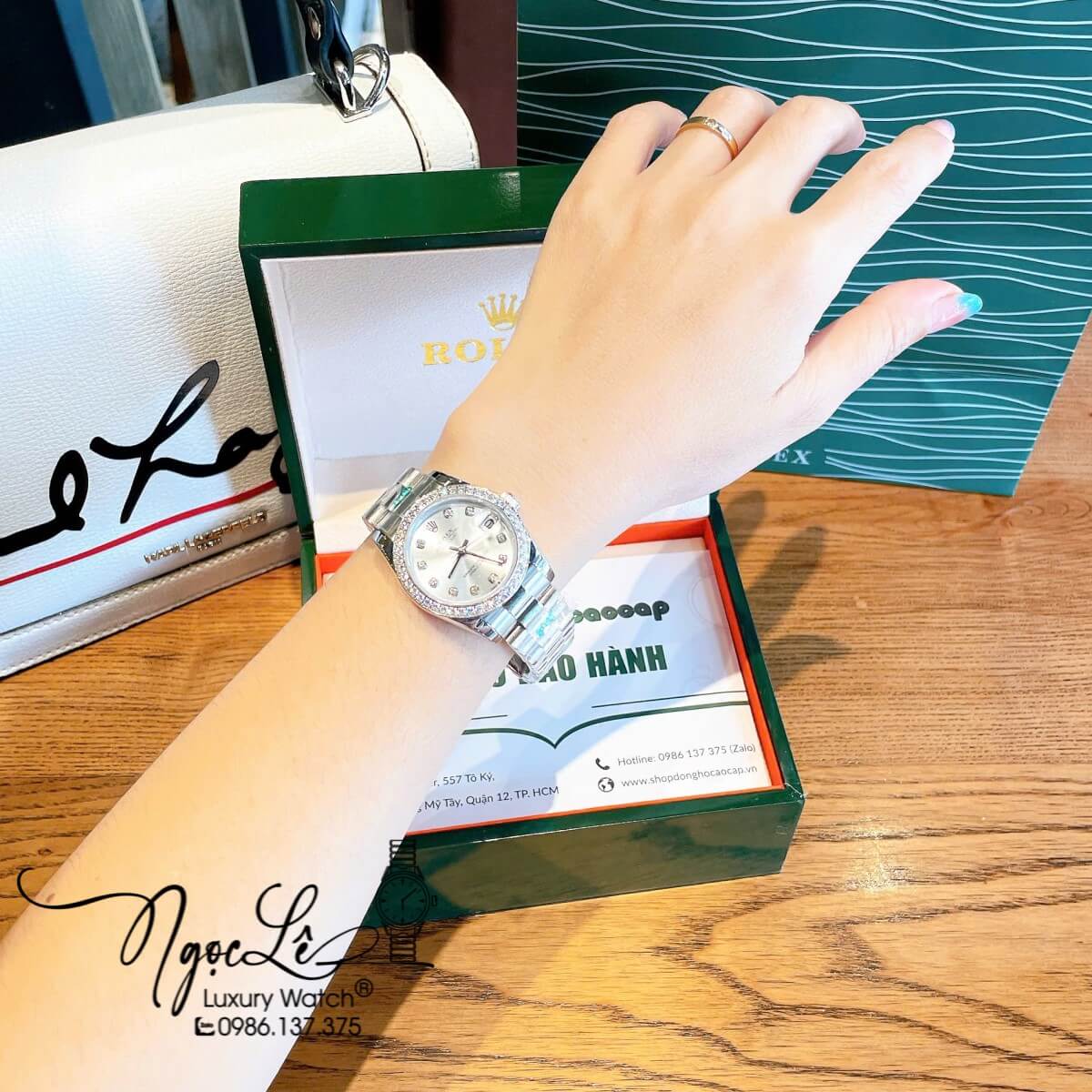 Đồng Hồ Nữ Rolex Datejust Máy Cơ Tự Động Dây Bạc Mặt Trắng Sữa Đính Đá Size 31mm