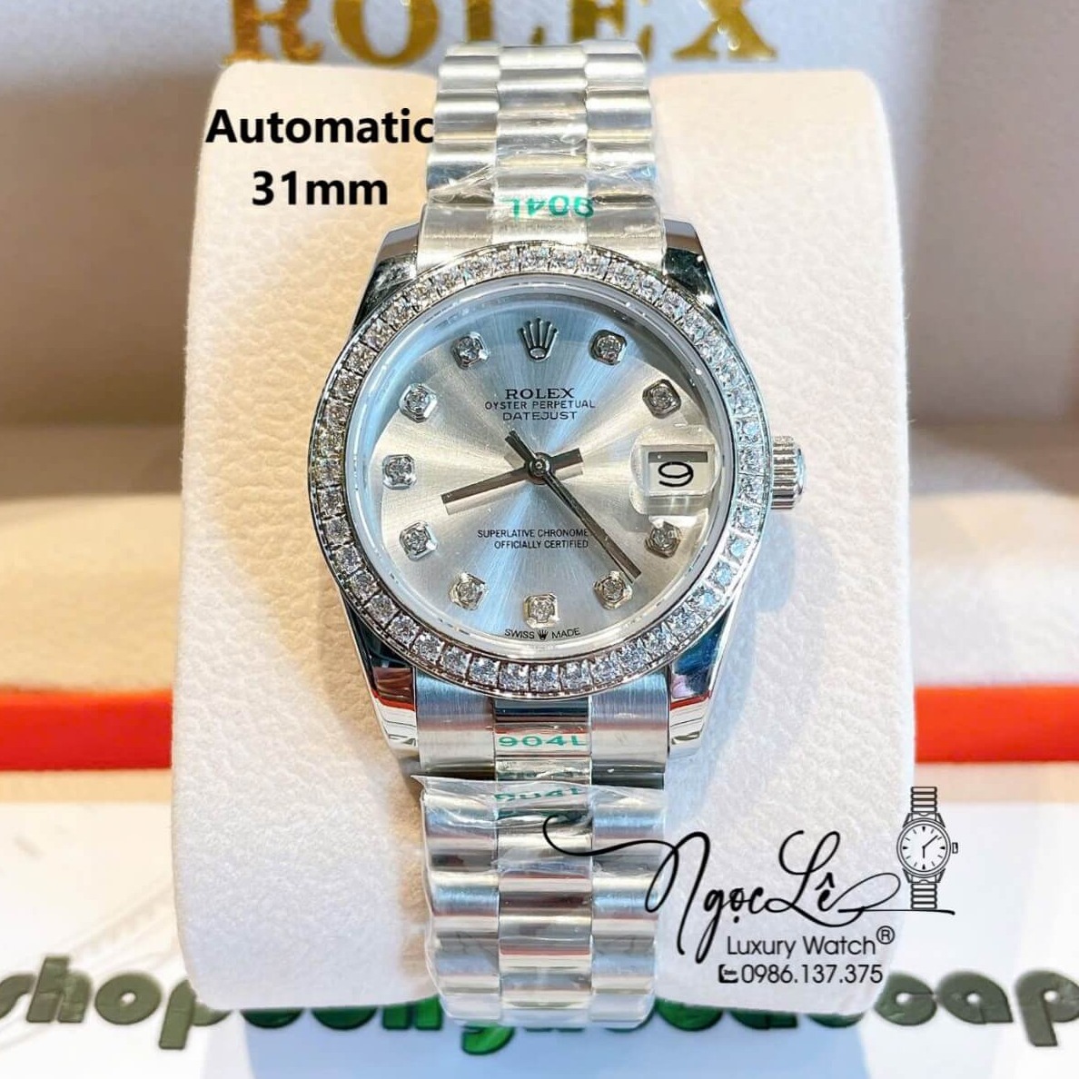 Đồng Hồ Nữ Rolex Datejust Máy Cơ Tự Động Dây Bạc Mặt Trắng Sữa Đính Đá Size 31mm