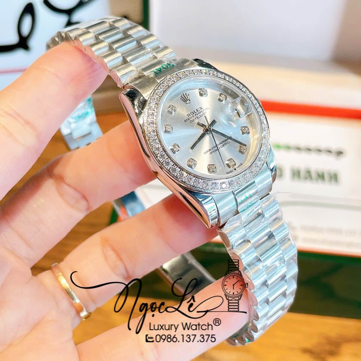 Đồng Hồ Nữ Rolex Datejust Máy Cơ Tự Động Dây Bạc Mặt Trắng Sữa Đính Đá Size 31mm