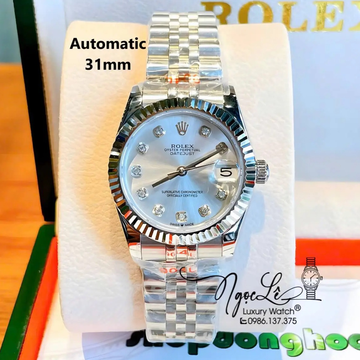 Đồng Hồ Nữ Rolex Datejust Máy Cơ Tự Động Dây Bạc Mặt Trắng Sữa Niềng Khía Size 31mm