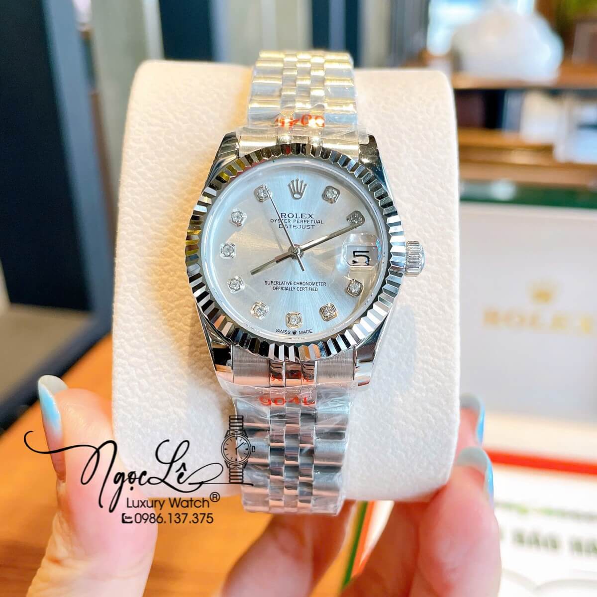Đồng Hồ Nữ Rolex Datejust Máy Cơ Tự Động Dây Bạc Mặt Trắng Sữa Niềng Khía Size 31mm