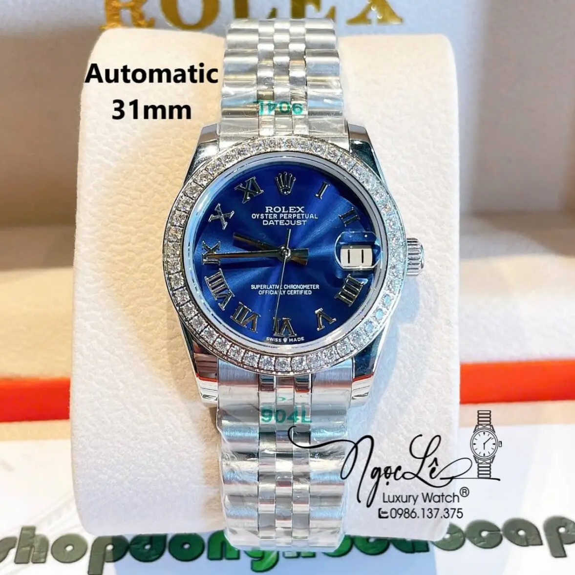 Đồng Hồ Nữ Rolex Datejust Máy Cơ Tự Động Dây Bạc Mặt Xanh Dương Đính Đá Size 31mm - Mặt Số La Mã