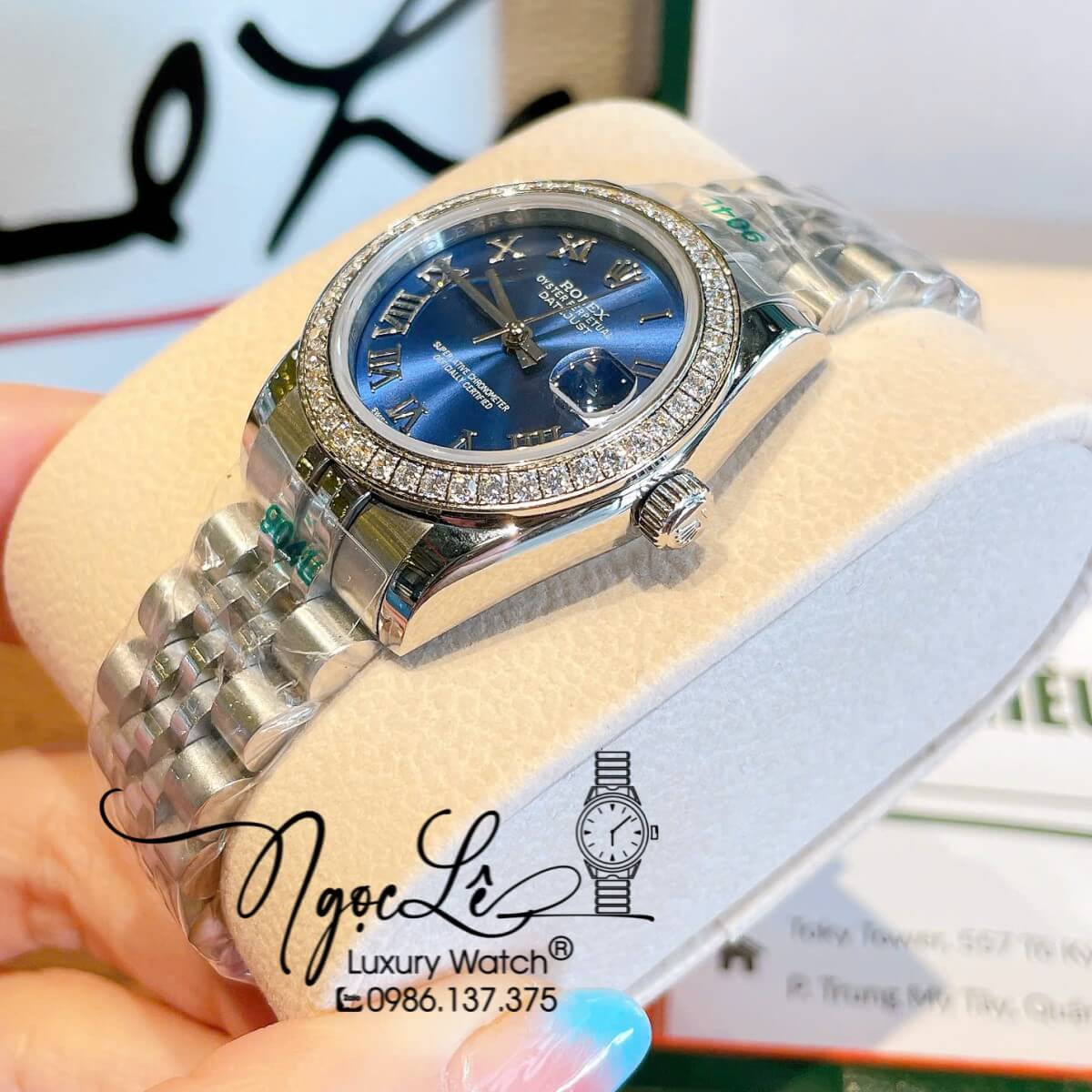 Đồng Hồ Nữ Rolex Datejust Máy Cơ Tự Động Dây Bạc Mặt Xanh Dương Đính Đá Size 31mm - Mặt Số La Mã