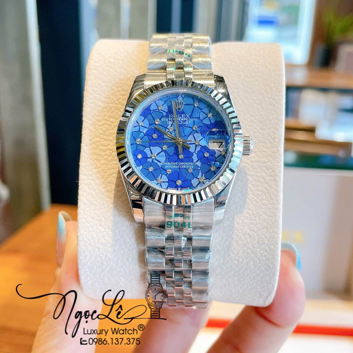 Đồng Hồ Nữ Rolex Datejust Máy Cơ Tự Động Dây Bạc Mặt Xanh Dương Niềng Khía Size 31mm - Mặt Cỏ 4 Lá