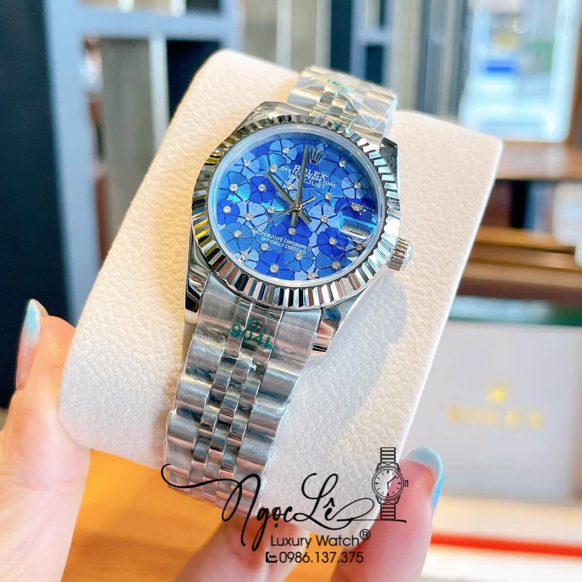 Đồng Hồ Nữ Rolex Datejust Máy Cơ Tự Động Dây Bạc Mặt Xanh Dương Niềng Khía Size 31mm - Mặt Cỏ 4 Lá