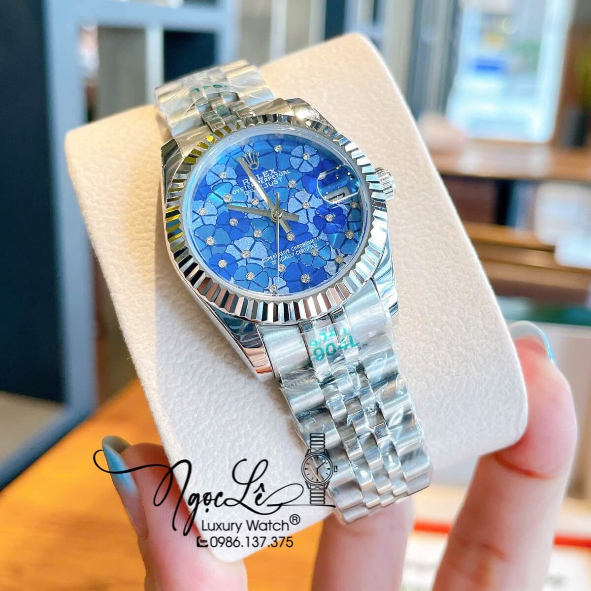 Đồng Hồ Nữ Rolex Datejust Máy Cơ Tự Động Dây Bạc Mặt Xanh Dương Niềng Khía Size 31mm - Mặt Cỏ 4 Lá