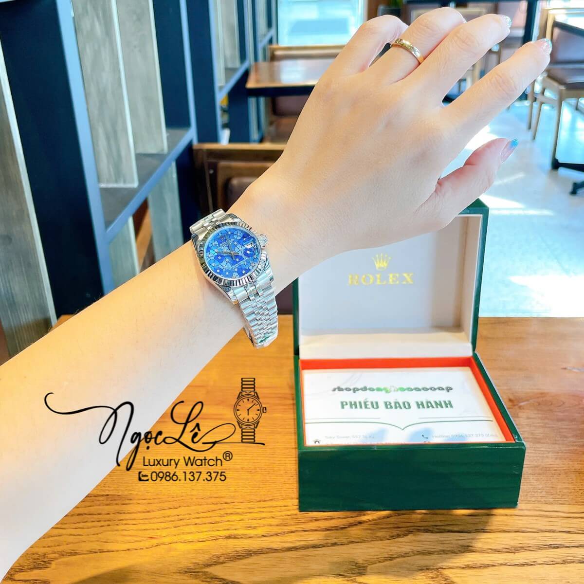 Đồng Hồ Nữ Rolex Datejust Máy Cơ Tự Động Dây Bạc Mặt Xanh Dương Niềng Khía Size 31mm - Mặt Cỏ 4 Lá