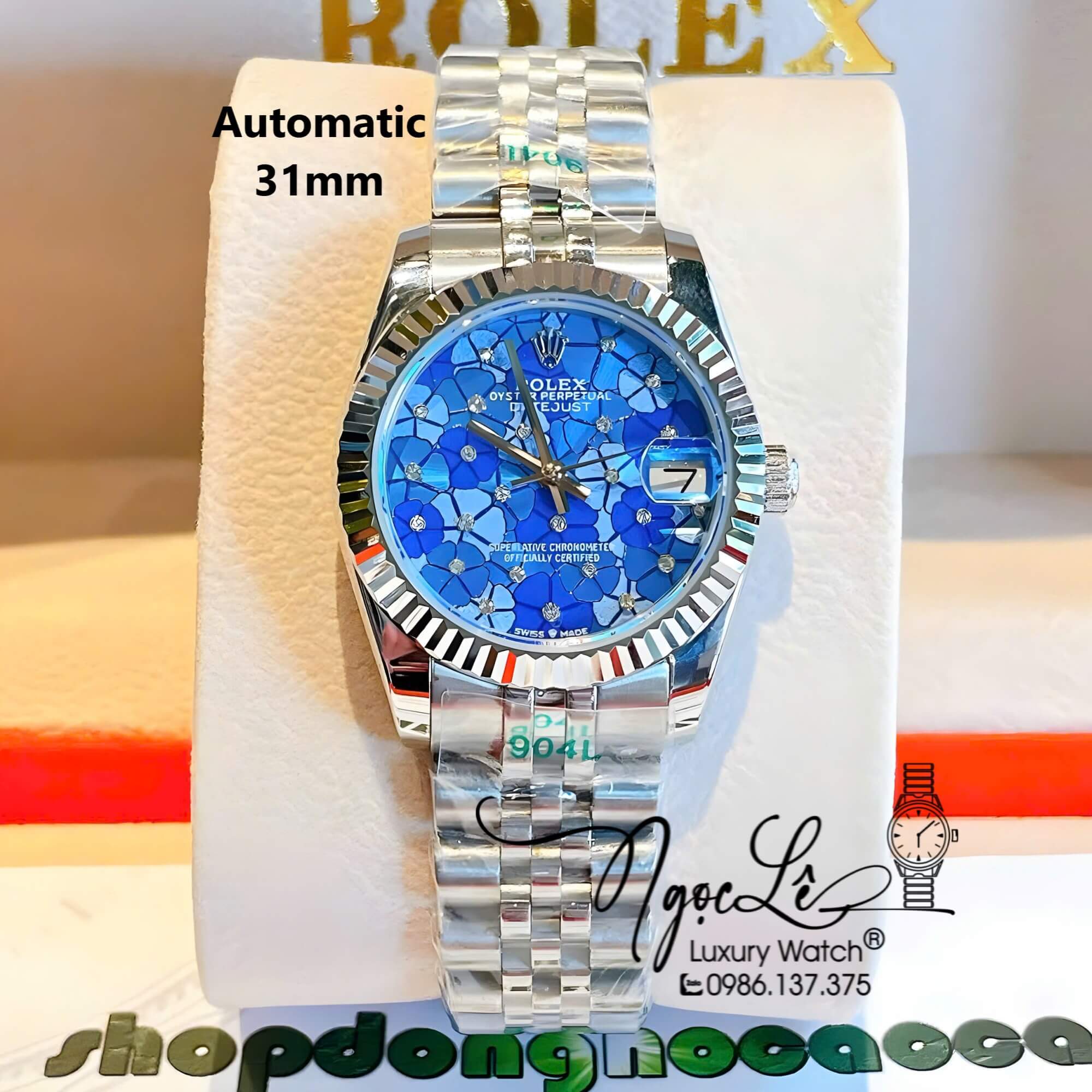 Đồng Hồ Nữ Rolex Datejust Máy Cơ Tự Động Dây Bạc Mặt Xanh Dương Niềng Khía Size 31mm - Mặt Cỏ 4 Lá